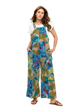 26412 | Yak & Yeti Flowy Wide Leg Printed Patchwork Overalls | Sizes S/M-L/XL